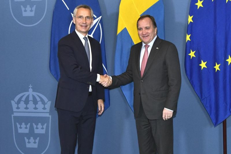 NATO Secretary General Jens Stoltenberg meets with Swedish prime minister Stefan Lofven in Stockholm, Sweden on October 26, 2021. (AP Photo)