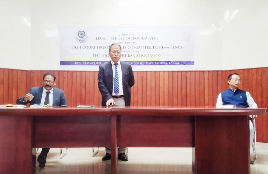 Justice Songkhupchung Serto of Gauhati High Court, Kohima Bench speaks during the three-day seminar on ‘Legal Profession For Lawyers’ organised by the High Court Legal Services Committee in collaboration with the High Court Bar Association, Kohima Bench in Kohima on October 20. (Photo Courtesy: NSLSA)