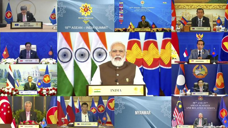 In this image released by Brunei ASEAN Summit, Indian Prime Minister Narendra Modi speaks during the ASEAN-India Summit on the sidelines of the Association of Southeast Asian Nations (ASEAN) summit with the leaders on October 28, 2021. Southeast Asian leaders began their annual summit without Myanmar on Tuesday, Oct. 26, 2021, amid a diplomatic standoff over the exclusion of the leader of the military-ruled nation from the group's meetings. An empty box of Myanmar is seen at bottom second from right. (AP/PTI Photo)