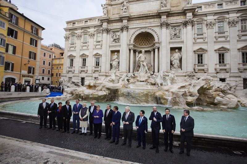 Prime Minister Narendra Modi with G-20 leaders at Trevi Fountain in Rome. (PTI Photo)