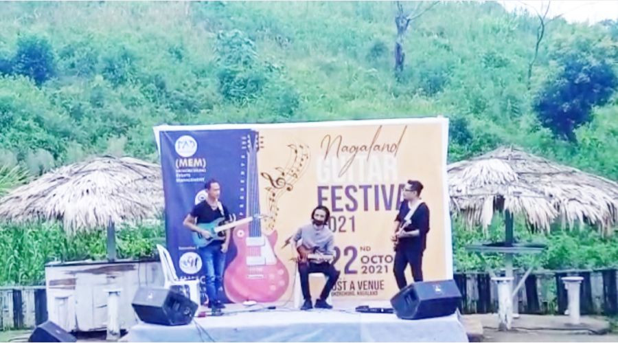 Atsa Lang Roths, Mhaseve Tetseo and Arenlong Longkumer performing on stage at the first Nagaland Guitar Festival, Mokokchung on October 22. (Morung Photo)