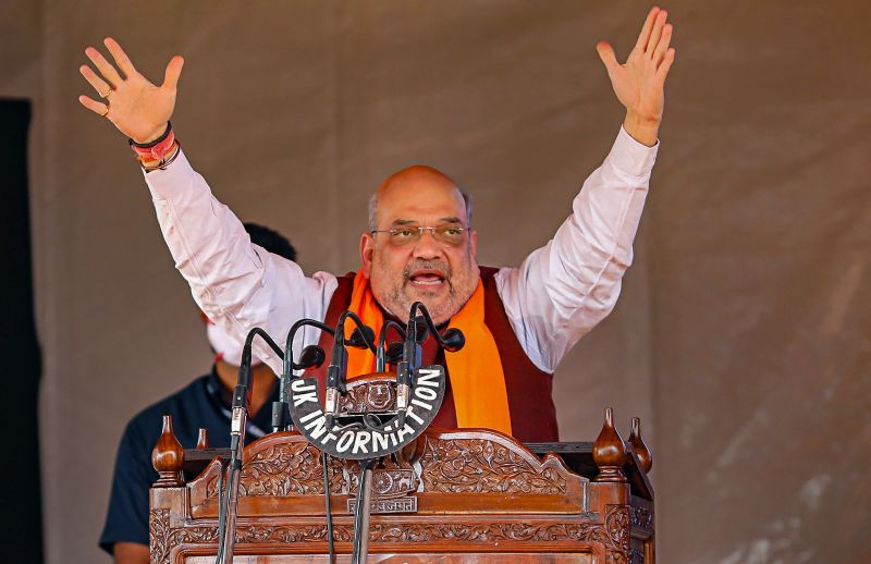 Union Home Minister Amit Shah addresses during a public rally at Bhagwati Nagar in Jammu on  October 24, 2021. (PTI Photo)