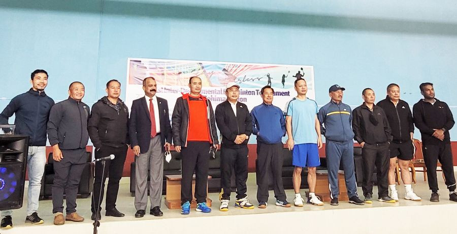 Left: Neiba Kronu and others during the inaugural function of 1st inter-departmental badminton tournament in Kohima on October 22. (Right) First match between Neiba Kronu & Er. Venepra of planning department and Manen & Rehabo of school education department in Men’s Double. (Morung Photo)