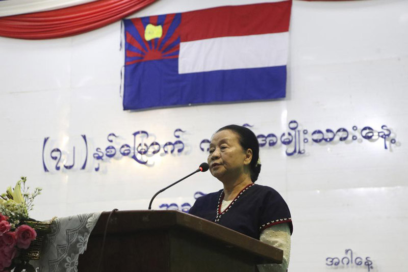 Former Karen State Chief Minister Nan Khin Htwe Myint delivers her speech during the 72nd Karen National Day celebration on Feb. 11, 2020, in Karen State, Myanmar. A court in Myanmar sentenced two members of ousted leader Aung San Suu Kyi's political party, including Nan Khin Htwe Myint, to 90 years and 75 years in prison on Tuesday, Nov. 9, 2021 after finding them guilty of corruption, their lawyer said. (AP File Photo)