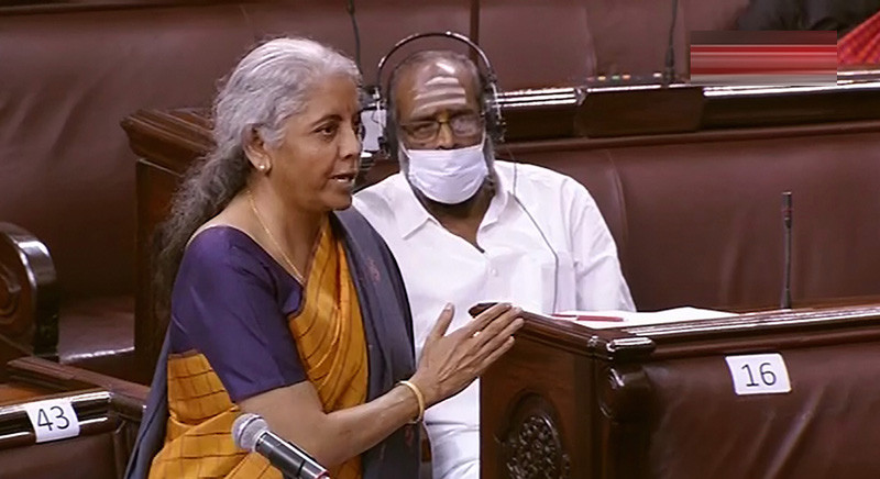Union Finance Minister Nirmala Sitharaman speaks in the Rajya Sabha during the Winter Session of Parliament, in New Delhi on Novembre 30, 2021. (PTI Photo)