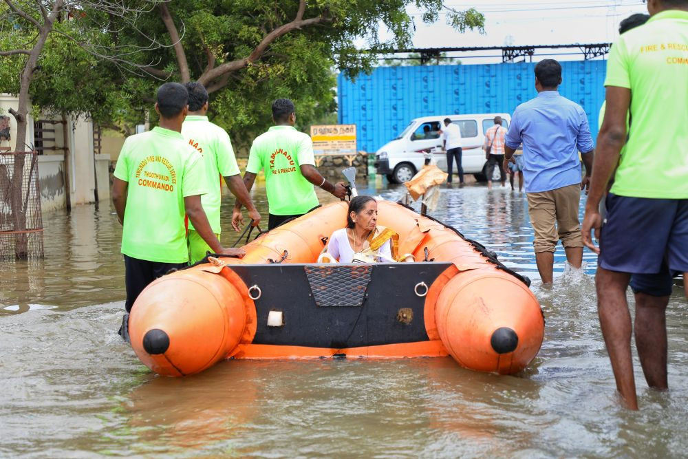 Thoothukudi: Tamil Nadu Disaster Management workers rescue people affected from waterlogging, in Thoothukudi, Saturday, Nov. 27, 2021. (PTI Photo)