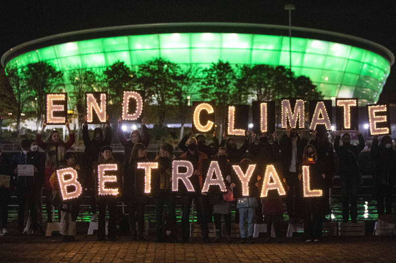 Climate Youth activists, Indigenous people, and parents call on leaders to "End Climate Betrayal," marking the end of the COP26 Leaders Summit on November 2, 2021, in Glasgow, Scotland. (AP/PTI Photo)