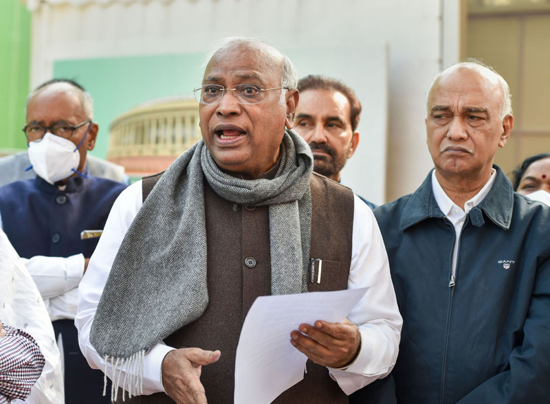 Leader of the Opposition in Rajya Sabha Mallikarjun Kharge with opposition leaders addresses a press conference during the Winter Session of Parliament, in New Delhi on November 29, 2021. (PTI Photo)