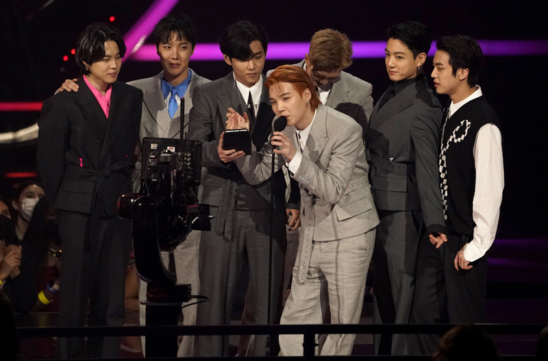 BTS accepts the award for artist of the year at the American Music Awards on  November 21, 2021 at Microsoft Theater in Los Angeles. (AP/PTI Photo)