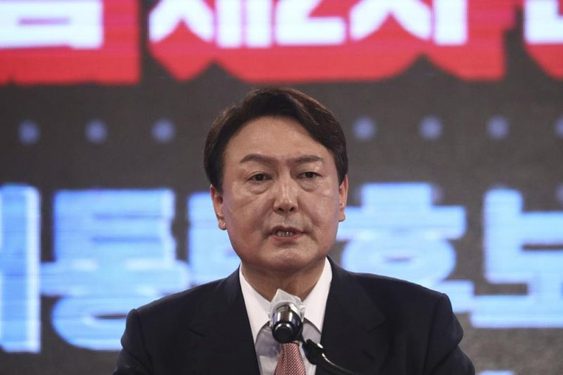 South Korea’s conservative former top prosecutor Yoon Suk Yeol delivers his speech after being chosen as presidential election candidate in Seoul, South Korea on November 5, 2021. Yoon won the main opposition People Power Party’s hotly contested nomination for next March’s presidential election on Friday. (AP Photo )
