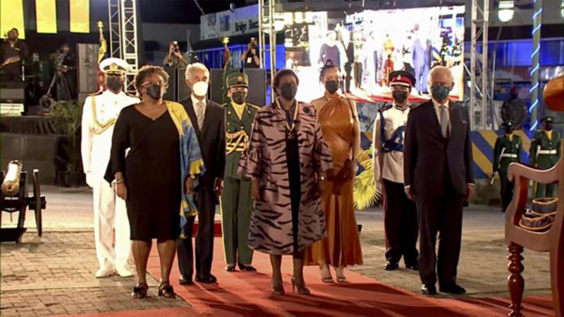 In this image made from video provided by Prime Minister's office, Barbados' Prime Minister Mia Mottley, left, former cricketer Garfield Sobers, center left, President Sandra Mason, center, singer Rihanna Fenty, center right, and Prince Charles, right, attend the presidential inauguration ceremony in Bridgetown, Barbados on Tuesday Nov. 30, 2021. Barbados stopped pledging allegiance to Queen Elizabeth II on Tuesday as it shed another vestige of its colonial past and became a republic for the first time in history. (AP Photo)