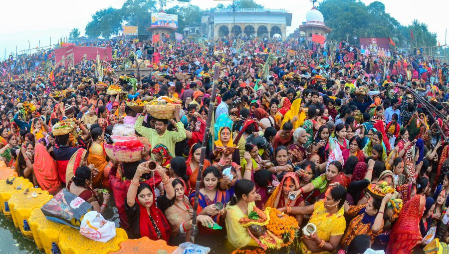 Prayagraj: Hindu devotees perform rituals during sunrise on the occasion of Chhath Puja, in Prayagraj, Thursday, November 11, 2021. (PTI Photo)