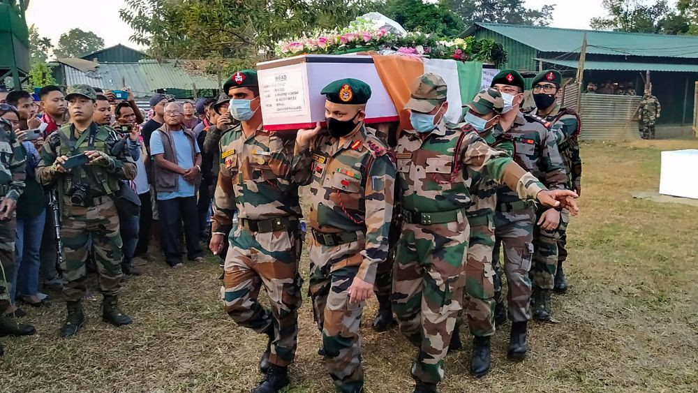Nagaland: Mortal remains of Rfn/GD N Khatnei Konyak who killed in an ambush at Sehkan village, Singhat Sub-Division, Churachandpur, at his native place at Mon district of Nagaland, Sunday, Nov. 14, 2021. (PTI Photo)