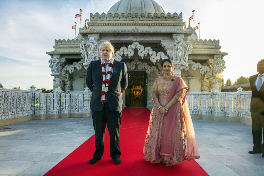 London: Prime Minister Boris Johnson and Home Secretary Priti Patel arrive at the Neasden Temple for Diwali and Hindu New Year celebrations in London.  (PTI Photo)