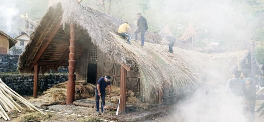 Renovation work being done at the Chakhesang Morung in Kisama for the upcoming Hornbill Festival.