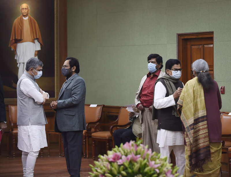 Union ministers during a meeting of floor leaders of all parties, chaired by Vice President and Rajya Sabha Chairman M. Venkaiah Naidu (unseen), a day before the beginning of the Winter Session of Parliament, in New Delhi on November 28, 2021. (PTI Photo)