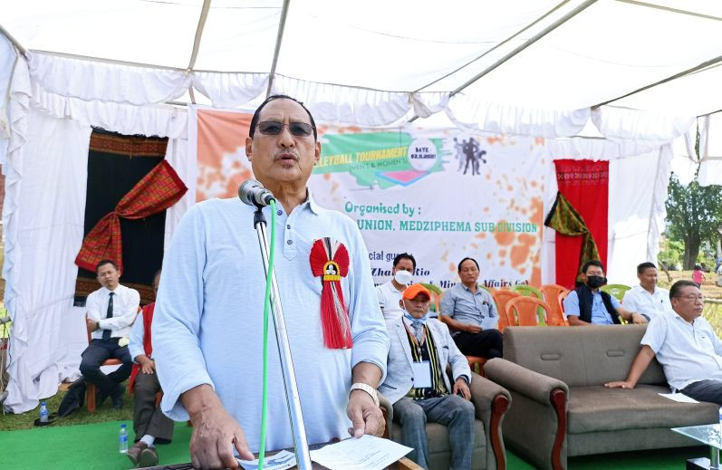 Advisor Zhaleo Rio delivering the inaugural speech as special guest of the 1st Volleyball Tournament for Ten Villages Council Union, Medziphema Block on November 2.