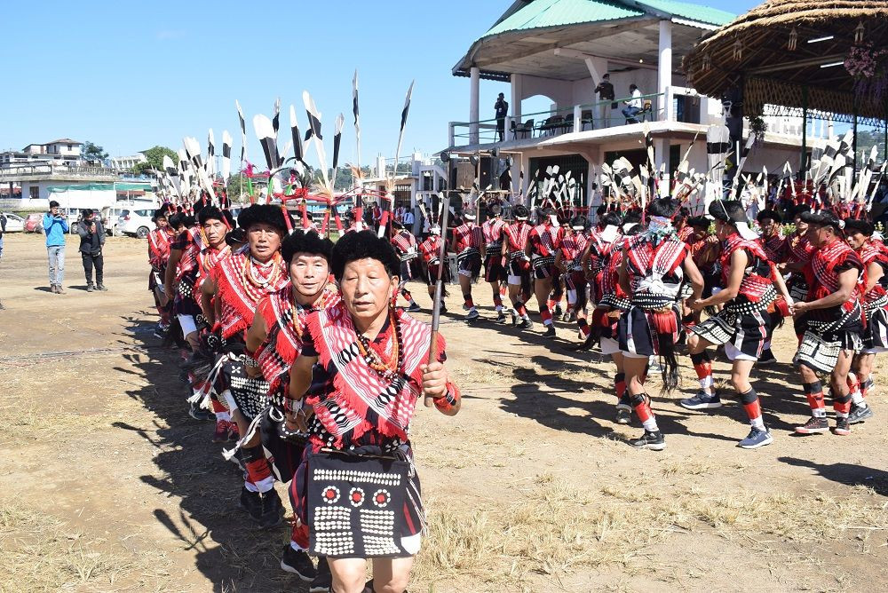 A cultural troupe presents a folk dance during the culmination of the three-day Tokhu Emong Mini Hornbill Festival at the Local Ground Wokha on November 7. (DIPR Photo)