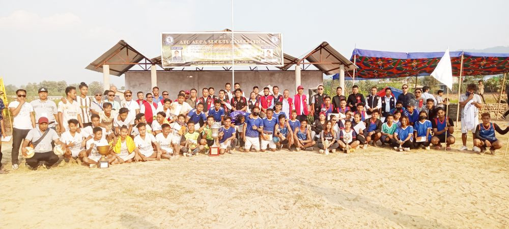 Guest of honour of closing ceremony Vikuto Zhimo, his colleagues, AASA officials and tournament winners at the AASA meet at Loyir Village on Saturday.