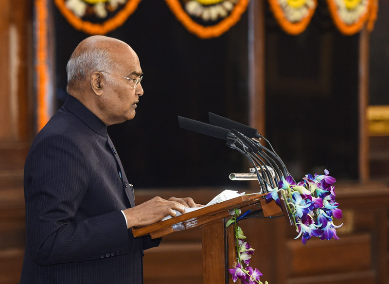 President Ram Nath Kovind addresses a function to commemorate the 'Samvidhan Divas', at Parliament, in New Delhi on November 26, 2021. (PTI Photo)