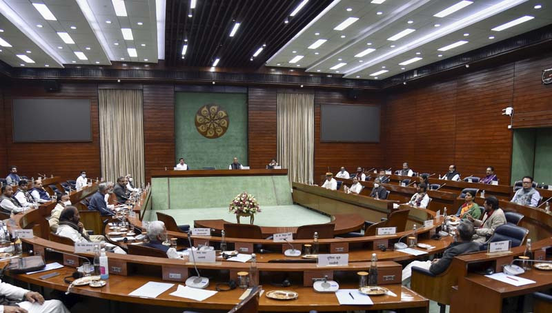 Union Parliamentary Affairs Minister Pralhad Joshi holds an all party meeting ahead of the winter session of Parliament, in New Delhi on November 28. (PTI Photo)