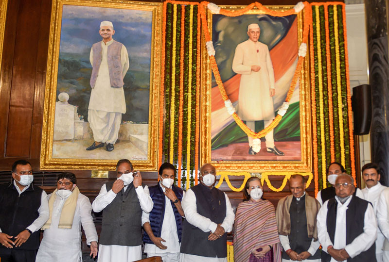 Congress President Sonia Gandhi with party leaders Mallikarjun Kharge, Anand Sharma, J P Agarwal and others after paying tribute to India's first prime minister Jawaharlal Nehru on his birth anniversary, at Parliament in New Delhi on November 14, 2021. (PTI Photo)