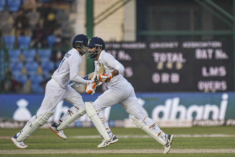 Indian batsmen Ravindra Jadeja and Shreyas Iyer run between the wicketsÂ during day one of the 1st test cricket match between India and New Zealand, at Green Park stadium in Kanpur on November 25, 2021. (PTI Photo)