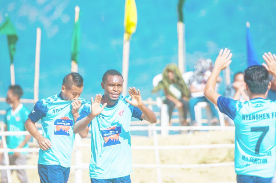 Mustafi Tagoe celebrates after scoring the penalty for Nyenshen FC. (Morung Photo)