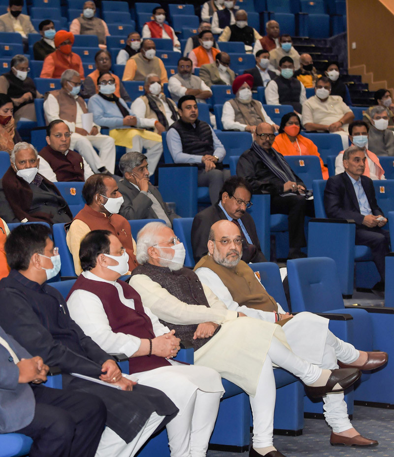 Prime Minister Narendra Modi, Home Minister Amit Shah and BJP President J P Nadda during the BJP Parliamentary Party meeting, at Ambedkar International Centre, in New Delhi on December 7, 2021. (PTI Photo)