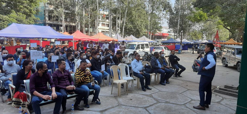 SBI Officers Association (SBIOA) Regional Secretary, TL Lango Neikha speaks during  the first day of the two-day bank strike called by the United Forum of Bank Union across India on December 16.