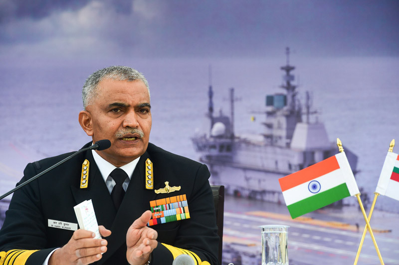 Navy Chief Admiral R Hari Kumar addresses a press conference in New Delhi, Friday, Dec. 3, 2021. (PTI Photo