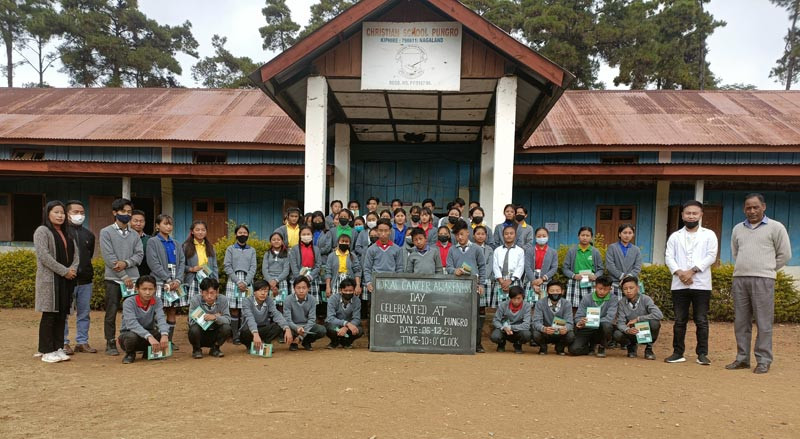 The medical team led by Dr Weri Mero along with teachers and students during the oral cancer awareness programme at Christian School, Pungro, on December 6.