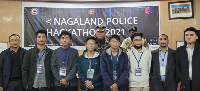 Nagaland DGP TJ Longkumer and others with winners of Nagaland Police Hackathon 2021 in Kohima on December 10. (Morung Photo)