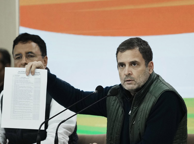 Congress leader Rahul Gandhi addresses a press conference on farmers issue at AICC HQ in New Delhi on December 3, 2021. (PTI Photo)