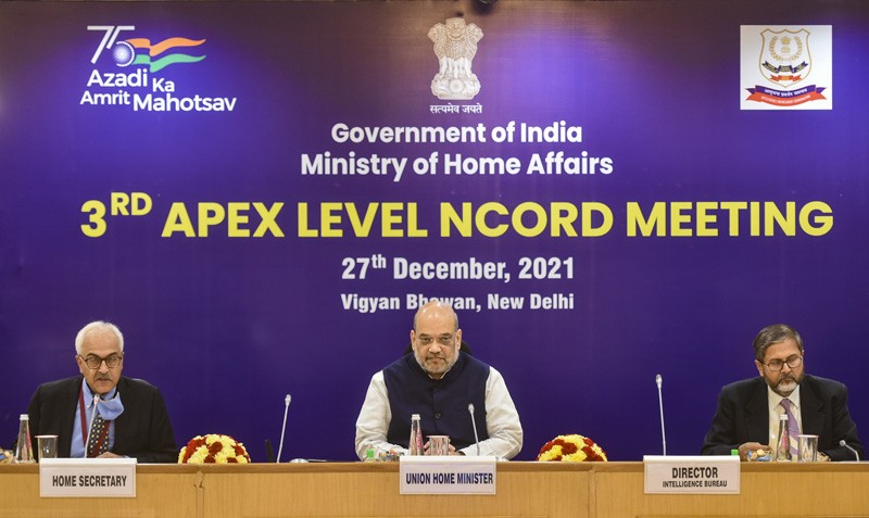 Union Home Minister Amit Shah chairs a meeting on Narcotics Control at Vigyan Bhavan in New Delhi on December 27, 2021. Home Secretary Ajay Kumar Bhalla and Intelligence Bureau Director Arvind Kumar are also seen. (PTI Photo)