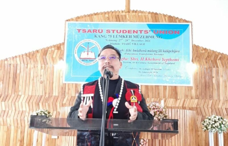 Advisor H Khehovi addressing the Tsarü Students Union 75th year jubilee celebration as special guest on December 27.