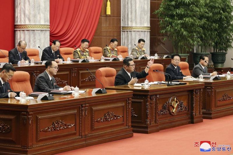 In this photo provided by the North Korean government, North Korean leader Kim Jong Un, bottom center, attends a meeting of the Central Committee of the ruling Workers’ Party in Pyongyang, North Korea on Monday, Dec. 27, 2021. Independent journalists were not given access to cover the event depicted in this image distributed by the North Korean government. The content of this image is as provided and cannot be independently verified. Korean language watermark on image as provided by source reads: "KCNA" which is the abbreviation for Korean Central News Agency. (AP Photo)