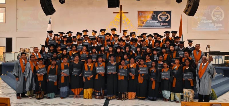 Students pose for picture during the graduation day of 2nd India College of Ministry graduation in North East India under the Global University of AGEI on December 5.