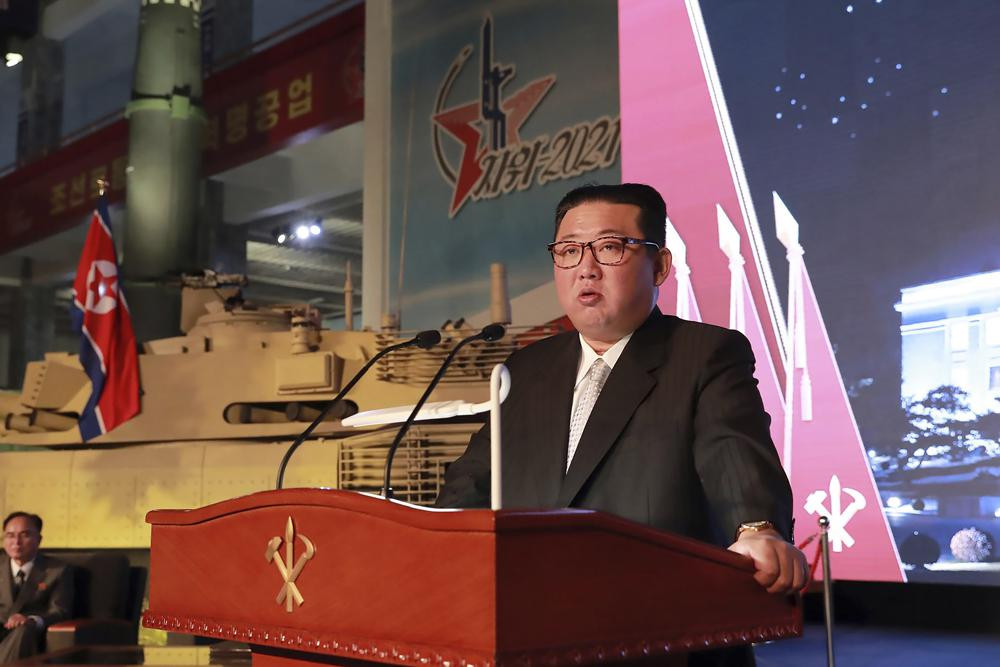 In this photo provided by the North Korean government, North Korean leader Kim Jong Un speaks during an exhibition of weapons systems in Pyongyang, North Korea on Oct. 11, 2021. It's been 10 years since Kim Jong Un took power in North Korea after his father suddenly died of a heart attack. The content of this image is as provided and cannot be independently verified. (AP File Photo)