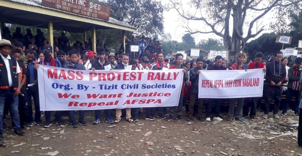 Mon: Locals stage a protest demanding repeal of Armed Forces (Special Powers) Act in Mon district of Nagaland, Saturday, Dec. 11, 2021. A week ago, army personnel killed six civilians, and seven more died in retaliatory clashes between security personnel and locals, in which one soldier was also killed. (PTI Photo)