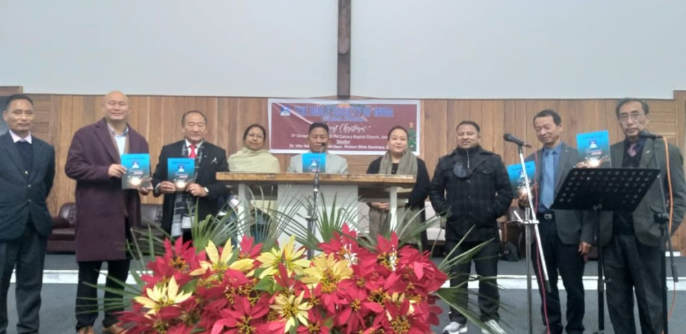 BSI Dimapur Auxiliary, president, Rev Dr Paphino with others during the release of the first triennial magazine of BSI Kohima Branch at Calvary Baptist Church, Jotsoma on December 11.