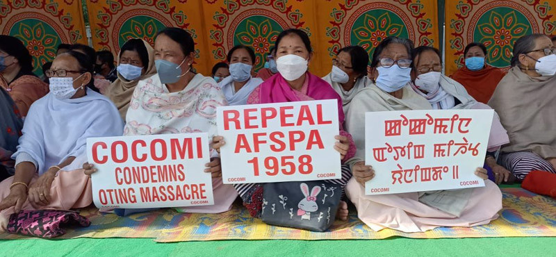 Several civil society organizations took part in a sit-in-protest in Imphal to condemn the Oting killings in Nagaland state under Mon district.