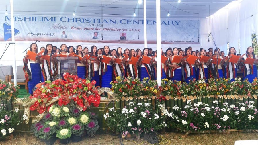 Presentation of praise song by jubilee choir during the commemoration of 100 years of Christianity in Mishilimi village.