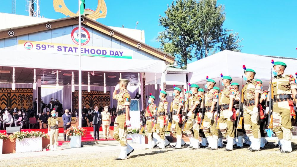 Chief Minister Neiphiu Rio takes the salute from march-past contingents during the 59th Statehood day celebration in Kohima on December 1. (Morung Photo)