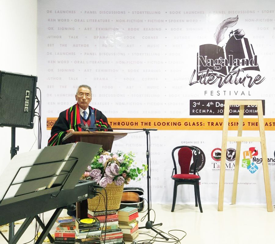 Dr Shürhozelie Liezietsu, former chief minister of Nagaland and one of the most celebrated writers in Angami literature speaking at the closing ceremony of the two-day Nagaland Literature Festival at RCEMPA, Jotsoma. (Morung Photo)