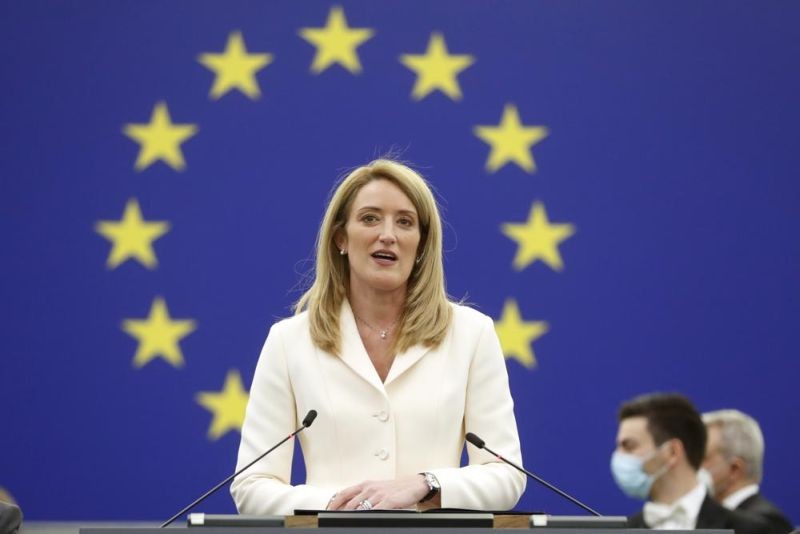 Christian Democrat Roberta Metsola of Malta delivers a speech at the European Parliament, in Strasbourg, eastern France, Tuesday, Jan 18, 2022. Metsola was elected president of the European Union's parliament Tuesday, taking over for a 2 ½-year term following the death of Socialist David Sassoli last week. (AP Photo)