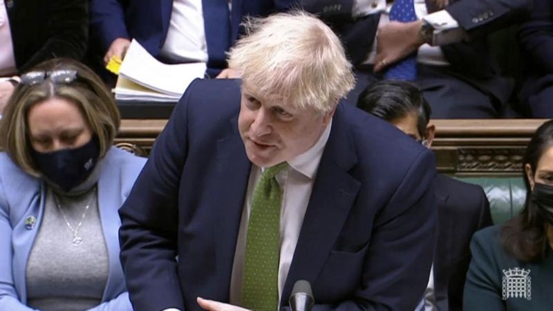 In this screen shot taken from video, Britain's Prime Minister Boris Johnson speaks during Prime Minister's Questions in the House of Commons, London, Wednesday, Jan. 19, 2022. Johnson faced a grilling from opponents in Parliament as well as a threat from his own party's lawmakers over a string of lockdown-flouting government parties. Conservative legislators are judging whether to trigger a no-confidence vote in Johnson over the “partygate” scandal. Johnson and loyal ministers are trying to bring rebels back into line before they submit letters to a party committee calling for the vote. (AP Photo)