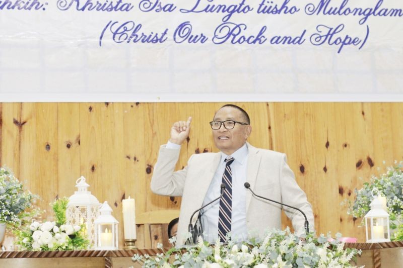 Rev Dr Zelhou Keyho, General Secretary NBCC speaking at the Yimkhiung Baptist Borü Amukhungto gospel platinum jubilee on January 8 and 9 at Shamator Town Baptist Church. (Photo Courtesy: YBBA)