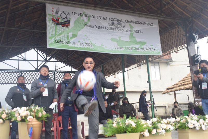 Chairman Lotha Hoho declares the 11th Edition of the Lotha Football Championship tournament opened at local ground Wokha.