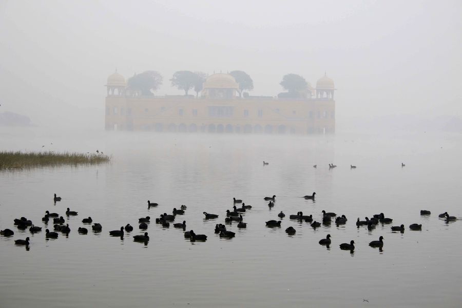Jaipur: A thick layer of fog engulfs the historical Jal Mahal on a cold winter day, in Jaipur, Friday, Jan 21, 2022. (PTI Photo)